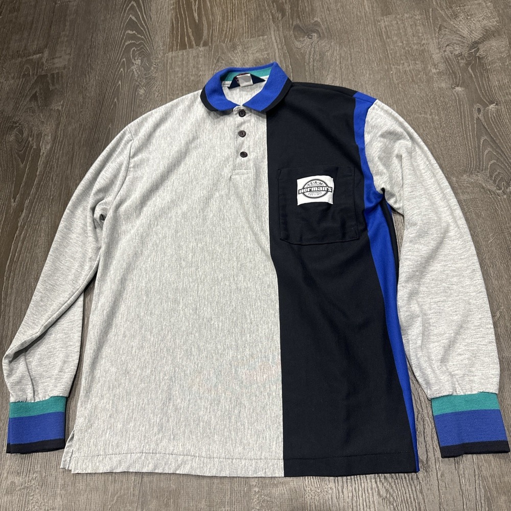 VTG Team Herman's Rugby Style Polo Shirt M Mens Blue Gray USA Logo Color Block